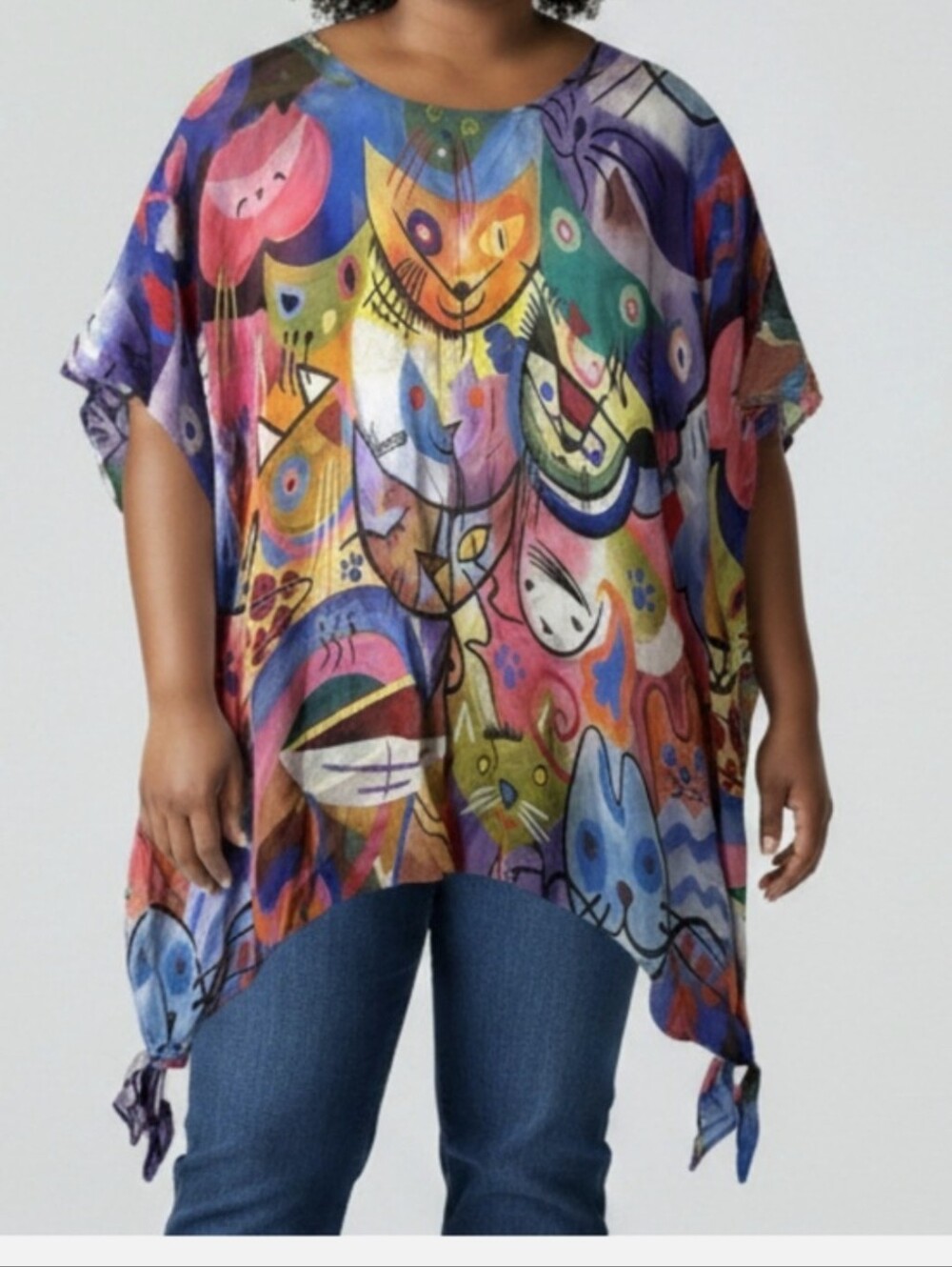 Abstract Multicolor Cat Print Tunic Top - Women's Colorful Boho Blouse.